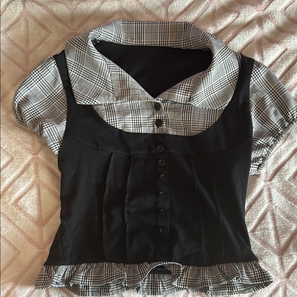 Black and White Plaid Button-Up Top